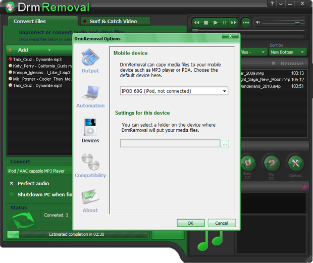 Screenshot, where Drm-Removal can copy converted (unprotected) to iTunes format audio directly to iPod.